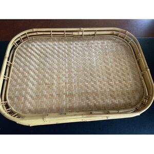 7 Vintage Mid-Century Wicker Rattan Bamboo Serving Trays, Approx. 19 x 13